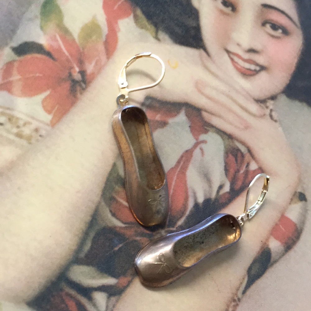 Vintage Brass Tiny Ballerina Slipper Earrings
